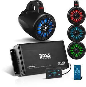 BOSS Audio Systems UNI4RGB ATV UTV Marine Boat IPX5 Weatherproof 4 Inch Stereo Wake Tower Speakers (x4) And 4 Channel Weatherproof Bluetooth Amplifier