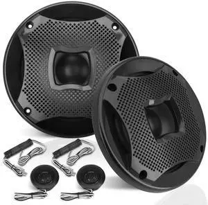 Two Way Marine Speaker System, One Pair 6.5 inch Marine Component Speaker, 450 Watts Max Power with 4 Ohm Impedance, Waterproof, Flush Mount Capability, Resin Treatment Cloth Surround, Black