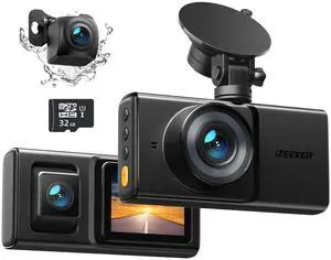 iZEEKER 3 Channel Dash Cam Front and Rear Inside, 2K Single, 1080P Triple Dash Camera for Cars with MicroSD Card, Infrared Night Vision for Taxi Driver, Accident Record, Loop Recording, Parking Mode