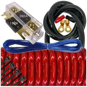 Audiotek 6000 Watts Maximum Power 0 Gauge Car Vehicle Audio Amplifier Installation Kit HOT Red 17 ft Power Cable 150+200A Fuse/All Accessories and Terminal Included RED