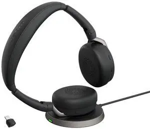 Jabra Evolve2 65 Flex Stereo Headset with Bluetooth, Wireless Charging Pad - Noise-Cancelling ClearVoice Technology & Hybrid Active Noise Cancellation - Certified for Microsoft Teams - Black