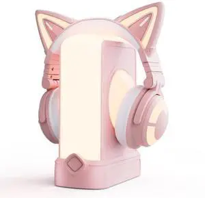 YOWU RGB Pink Cat Ear Headphones 3G and Crystal Headphone Stand,Accessories for The Ultimate Experience