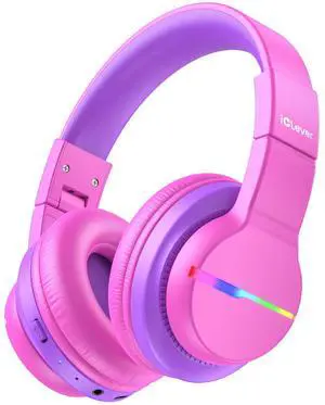 iClever BTH12 Kids Bluetooth Headphones,Colorful LED Lights,74/85dBA Safe Volume,85H Playtime,Fast Charging,Bluetooth 5.2,Over Ear Kids Headphones Wireles for iPad/Tablet/Airplane,Hot Pink