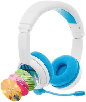 BuddyPhones School+ Wireless Kids Headphones, SafeAudio 75/85/94dB, Detachable Boom Mic, Cable Sharing, Travel Bag, Perfect for School, Travel & iPad (Blue)