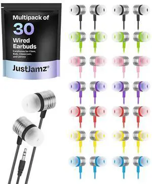 JustJamz Bulk Earbuds  Pack of 30 Ear Buds Bulk Classroom Set, Wired 3.5mm Earphones for School, Chromebook, Teachers, Students, Class Set, Earbuds for Classroom, Ear Buds Wired Bulk, Multicolored