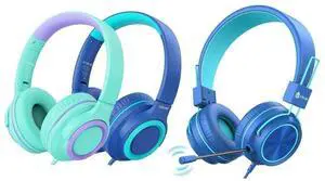 iClever HS22 Kids Headphones with Microphone & HS21 Kids Headphones with Rotatable Extendable Mic Bundles- Wired Foldable Stereo Headset for School/Tablet/Travel/