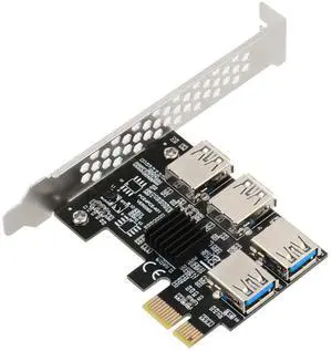 JMT PCI-E 1x to 16x Riser Card PCI-Express 1 to 4 Slot PCIe USB3.0 Adapter Port Multiplier Miner Card for BTC Bitcoin Miner Mining (No Cable)