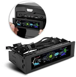 5-Fans Speed Computer Fan Controller CPU Temperature Sensor PC Cooling Fan Controller Front Panel Date Time Temperature Display Drive Bay