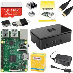 CanaKit Raspberry Pi 3 Complete Starter Kit - Quad-Core 1.2 GHz 1 GB RAM, WiFi & Bluetooth, 32 GB EVO+ Micro SD Card, Power Supply, Case, HDMI Cable, Heat Sinks, GPIO Card, Quick-Start Guide