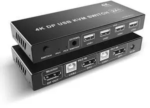 Cateck DP Displayport KVM Switch USB 2 Port 4K, USB 2.0, 4K@60Hz,2 PC Share 1 Monitor,with 2 USB and 1 Switch Cables, Support Wireless Keyboard and Mouse