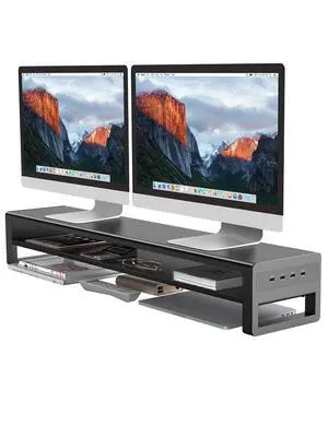 2 Tiers Dual Monitor Stand with 4 USB 3.0 Ports Hub, Double Monitor Riser, Metal Desk Stand with Storage, Long Screen Raiser for 2 Monitors Computer Mac Desktop Organizer Black Large