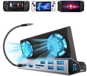 SHUOMENG 10-in-1 Docking Station for Steam Deck OLED & ROG Ally X & Legion Go, Dual Cooling Fan 5 USB Ports, 4K@60Hz HDMI 2.0, 100W Charging Port Support ROG Ally 30W Mode, Gigabit Ethernet, SD/TF