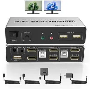 HDMI KVM Switch Dual Monitor 2 Computers, Support EDID, 4K@60Hz Extended Display KVM Switch 2 Port 2 Monitors with 3 USB Ports and Audio Microphone Output, PC Keyboard Mouse Monitor Switcher