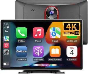 9'' Wireless CarPlay Screen for Cars, 4K Dash Cam & 1080p Backup Camera - Apple CarPlay Android Auto GPS Navigation Bluetooth Touchscreen Display - Voice Control Mirror Link Car Accessories