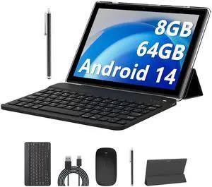 Android 14 Tablets 10 Inch, 2 in 1 Tablet with Keyboard Case, 8GB+64GB ROM/1TB, Quad Core, HD Touch Screen, Dual Carema, Games, Wi-Fi, BT, Google GMS Black