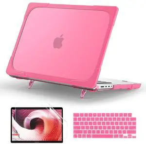 TWOLSKOO for MacBook Pro 16 Case 2024 2023 2021 M3 A2991 M2 A2780 M1 A2485 Pro Max Chip, Heavy Duty Rugged Shockproof Hard Shell Dual Layer Protective Cover with Fold Kickstand, Pink