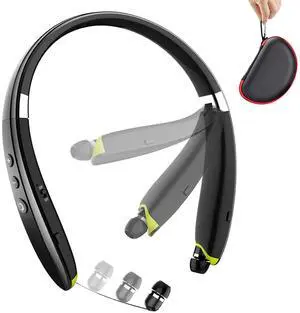 BEARTWO Bluetooth Headphones, Upgraded Foldable Wireless Neckband Headset with Retractable Earbuds, Noise Cancelling Stereo Earphones with Mic for Workout, Running, Driving (with Carry Case)