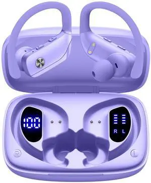 bmani Wireless Earbuds Bluetooth Headphones 48hrs Play Back Sport Earphones with LED Display Over-Ear Buds with Earhooks Built-in Mic Headset for Workout Purple