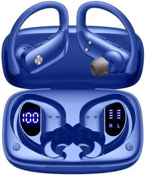 bmani Wireless Earbuds Bluetooth Headphones 48hrs Play Back Sport Earphones with LED Display Over-Ear Buds with Earhooks Built-in Mic Headset for Workout Blue