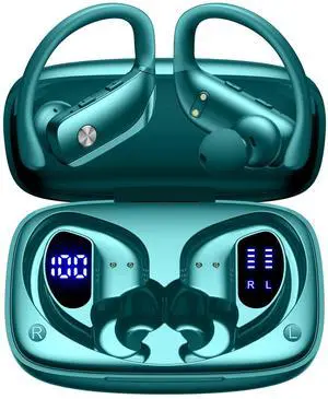 bmani Wireless Earbuds Bluetooth Headphones 48hrs Play Back Sport Earphones with LED Display Over-Ear Buds with Earhooks Built-in Mic Headset for Workout Green