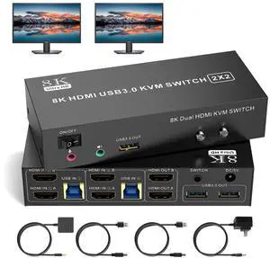 8K HDMI KVM Switch 2 Monitors 2 Computers Support 8K@60Hz 4K@60Hz, Dual Monitor KVM Switcher PC Extended Display for 2 Port Share 4 USB 3.0 Keyboard Mouse Hard Drives Printe with Desktop Controller