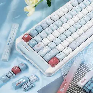 TIMSEKER 143 Keys Light Blue and White PBT Keycap, Kawaii Custom Cute Keyboard Cap, Five Side Dye Sublimation Custom Key Cap, FOA Profile Keycap for ANSI/ISO Layout Mechanical Gaming Keyboard