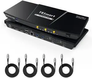 TESmart USB-C KVM Switch 2 Monitors 2 Laptops 4K@60Hz, USB 3.0 KVM Switch Dual Monitor MST, EDID Emulation, 60W PD, 1G Ethernet, 2K@144Hz, 1080P@240Hz, Hotkey Switch, with All Input Cables