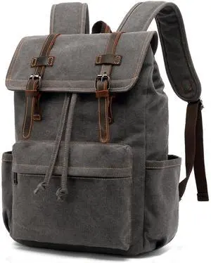 HuaChen Vintage Canvas Leather Backpack for Men, Multi-Pocket Travel Rucksack For Laptop, Durable Hiking & Commuter Bag - M83 Grey