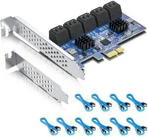 10-Port PCIe SATA 3.0 Expansion Card, x1 Lane with 10 SATA Data Cables, Supports 6Gbps SSD/HDD Storage Upgrade for Desktop PC