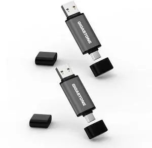 GIGASTONE 128GB Dual Flash Drive (2 Pack) Z40 USB 3.2 Gen 1, 2-in-1 Type-A & Type-C, 100MB/s Ultra Fast, Head Cap Design, Plug & Play for Smartphone/PC/Mac/TV/Car Audio, USB 2.0/3.0/3.1 Compatible