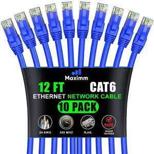 Maximm Cat 6 Ethernet Cable 12 ft (10-Pack) - High-Speed LAN Cable, Internet Cable, Patch Cable, and Network Cable - UTP, 10Gbps, 550MHz Ethernet Cord - Blue
