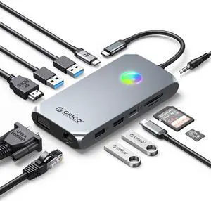 Docking Station USB C to HDMI Adapter, ORICO 12 in 1 RGB USB C Hub with 4K HDMI 1.4, VGA, 100W PD, Ethernet, 5 USB Data Ports, SD/TF, Audio, 14 RGB Lighting Modes, Compatible for Windows/Mac OSGrey