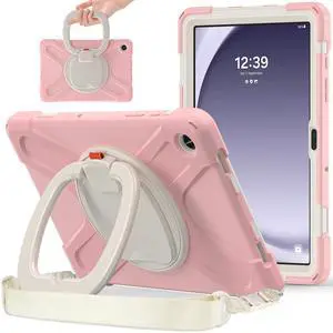 PboyiqiS Case for Galaxy Tab A9 Plus 11" 2023 (SM-X210/ X215/ X216), Heavy Duty Protective Case with 360 Degree Swivel Stand&Hand Strap&Shoulder Strap (Light Pink)