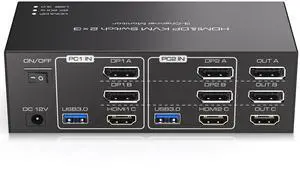 HDMI Displayport KVM Switch 3 Monitors 2 Computers 8K@60Hz 4K@120Hz USB 3.0 DP KVM Switch for 2 PC Share Multi Monitor and 4 USB Devices Included Support Extended & Copy Mode