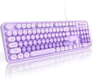 MOFII Keyboard Wired Large Print, Computer Keyboard Plug Play, Colorful Retro Round Typewriter Keyboard with Numeric Keypad and Media Hotkey for Windows PC Laptop (Pale Purple)