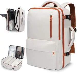 prezon 35L Travel Backpack | 180° All-Open Design | Multi-Pockets | Airline Approved Carry on | Backpack Fits 15.6 inch Laptop | Waterproof | USB Charging Port | Expandable Storage for Clothes, Cream