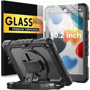 BLOSOMEET Case for iPad 9th/8th/7th Generation 2021/2020/2019 10.2 Inch with Tempered Glass Screen Protector & Pencil Holder,Protective Kids iPad 10.2 Case Cover w/Stand Hand Shoulder Strap,Black