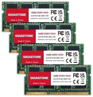 DDR3 RAM Laptop Only GIGASTONE 16GB Kit (4x4GB) DDR3/DDR3L 1600MHz (1333MHz) PC3-12800 (PC3-10600) CL11 1.35V/1.5V 2Rx8 SODIMM 204 Pin Unbuffered Non ECC Notebook Memory Upgrade