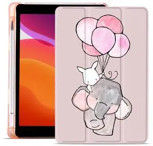 MAYCARI Elephant & Bunny Case for iPad 10.2 inch 2021/2020/2019 with Pencil Holder, Cute Balloon iPad 9th/8th/7th Generation Protective Case with Soft TPU Back, Auto Sleep/Wake Cover Slim Shell