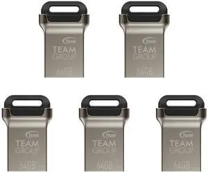 TEAMGROUP C162 64GB 5 Pack USB 3.2 Gen 1 USB 3.1/3.0 Mini Fits Metal Read 100MB/s Flash Thumb Drive External Data Storage Memory Stick Compatible with Computer/Laptop Black TC162364GB21