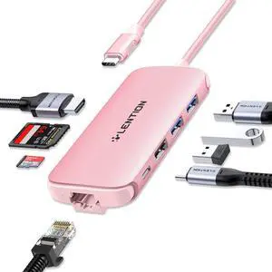 LENTION Ultra-Thin USB C Hub with Ethernet, 4K HDMI, USB 3.0/2.0, Card Readers & PD Adapter for 2023-2016 MacBook Pro 13/14/15/16/M1/M2, New Mac Air & Surface, Chromebook, More (CB-C48, Rose Gold)