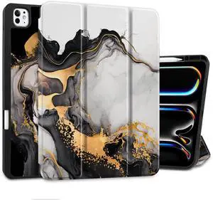 DONGKE for iPad Pro 13 inch M4 Case 2024 - [Built-in Pencil Holder Supports Pencil Pro and Pencil USB-C] Ultra Thin Soft TPU Back Cover with Trifold Stand Support Auto Wake/Sleep - Golden Marble