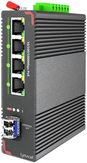 Lynxcel 5-Port Industrial PoE Gigabit Din Rail Ethernet Switch, 4 x Gigabit PoE+ Ports, 65W PoE 48V Output, 1 x SFP Gigabit Slot with One Gigabit SFP LC Module, IP40 Unmanaged, with Power Supply
