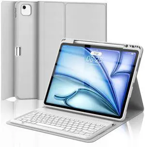 Keyboard Case for iPad Air 13 (M3&M2) 2025/2024 & iPad Pro 12.9 inch (5th, 6th Generation), Keyboard Cover Detachable Wireless Keyboard Cover with Pencil Holder and Auto Sleep/Wake Light Gray