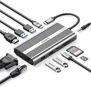 Docking Station USB C to HDMI Adapter, ORICO 12 in 1 USB C Hub with 4K HDMI 1.4, VGA, 100W PD, Ethernet, 5 USB Data Ports, SD/TF, Audio, Compatible for Windows/Mac OSSilver