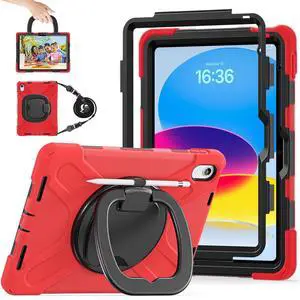 LX-SUNCX Case for iPad 11th Generation 11" (A16) 2025,iPad 10th Generation 10.9" 2022,Shockproof Cover for Kids with Screen Protector,Rotating Stand,Pencil Holder,Shoulder Strap (Red+Black)