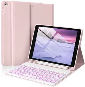 SZPSGC Case for iPad 9th Generation with Keyboard 10.2 Inch, Soft TPU Back Folio Stand Cover with 7 Colors Backlit Detachable Keyboard, for iPad 9th 8th 7th Generation 10.2 Inch 2021 2020 2019, Pink