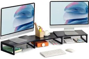 TEAMIX Dual Monitor Stand Riser for 2 Monitors, Wood & Metal Stand Adjustable Length/Angle Shelf Triple Monitor Stand for Screens/PCs/Printers/Laptops Desktop Organizer