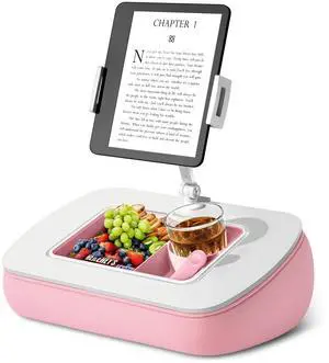 ERGONOV Lap Beanbag Tablet Pillow Stand with Snack Bowl and 360° Rotating Arm, Adjustable iPad Holder for Bed, Couch, and Recliner, Compatible with 4.7"-13" Kindle, iPad, Tablet, Phone,Pink