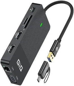 USB Docking Station GIQ USB C HUB USB 3.0 to Dual HDMI VGA Adapter Triple Display USB C Laptop Docking Station Dual Monitor HDMI Splitter Extender Compatible with MacBook M1 M2 USB Dock-Black